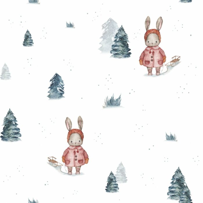 Tissu Imprimé Hiver Lapin Adorable Luge, 7 tissus au choix