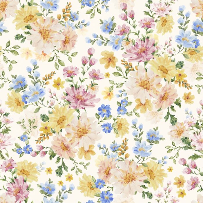 Tissu Imprimé Jardin Fleuri Printemps Crème, 7 tissus au choix