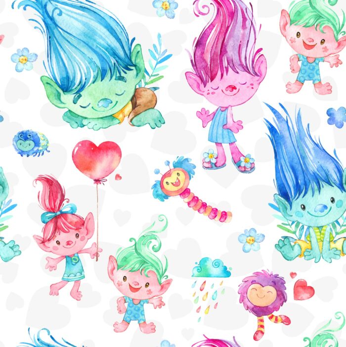 Tissu Imprimé Jouets Trolls Rigolos Blanc, 7 tissus au choix