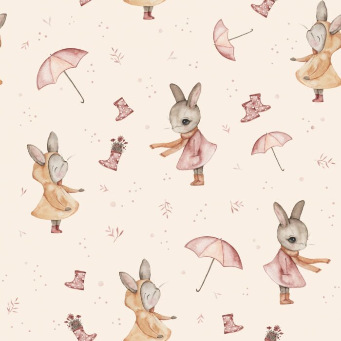 Tissu Imprimé Lapin Mignon Pluie Blush, 7 tissus au choix