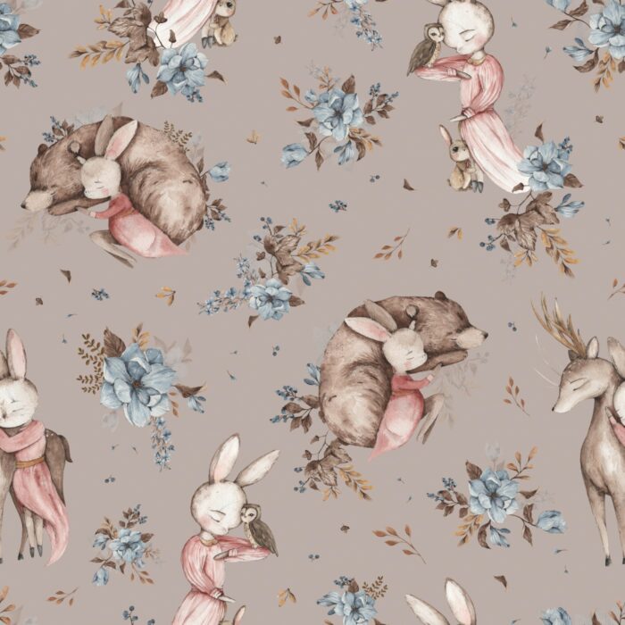 Tissu Imprimé Lapin Ourson Renne Taupe, 11 tissus au choix