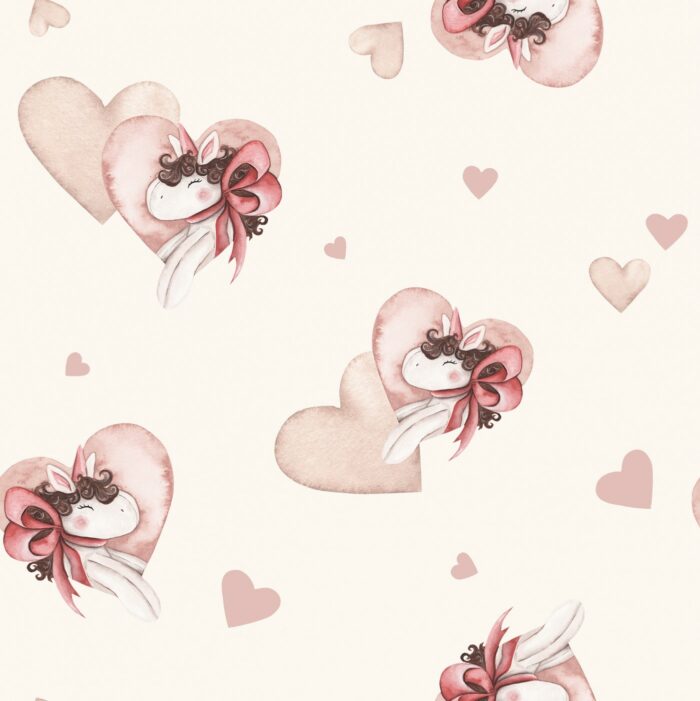Tissu Imprimé Licorne Petits Coeurs Crème, 10 tissus au choix