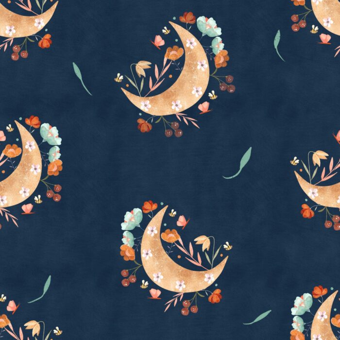 Tissu Imprimé Lune Fleurie Bleu, 7 tissus au choix