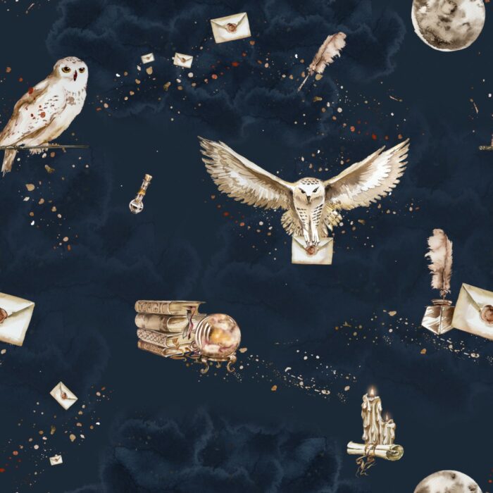 Tissu Imprimé Magie Hibou Bleu Marine, 7 tissus au choix