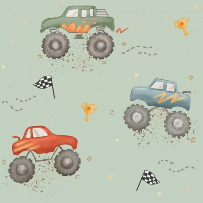 Tissu Imprimé Monster Truck Vert, 7 tissus au choix