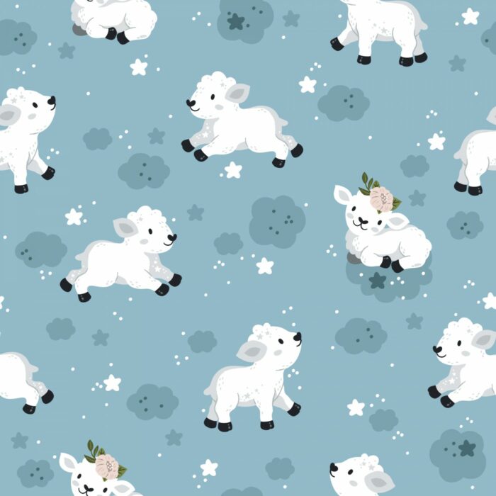 Tissu Imprimé Mouton Mignon Bleu, 7 tissus au choix