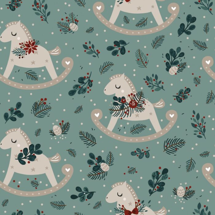 Tissu Imprimé Noel Cheval Vert, 7 tissus au choix