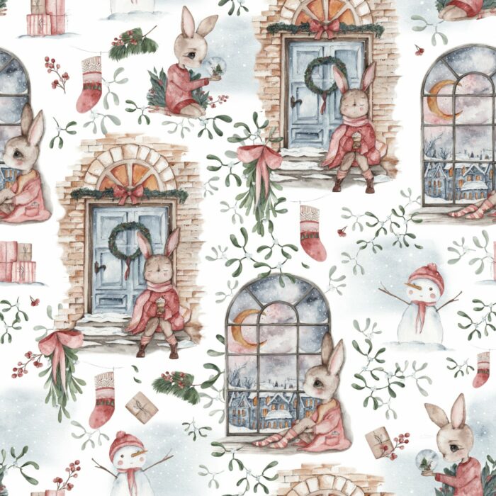 Tissu Imprimé Noel Lapin Réveillon, 7 tissus au choix
