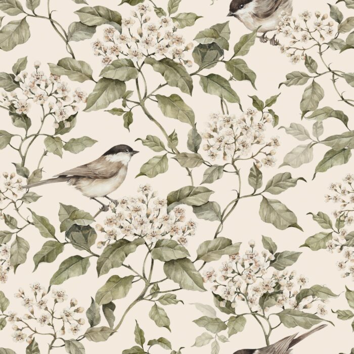 Tissu Imprimé Oiseaux Fleurs Crème, 7 tissus au choix