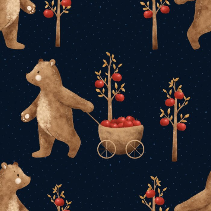 Tissu Imprimé Ourson Pommiers Bleu Marine, 7 tissus au choix