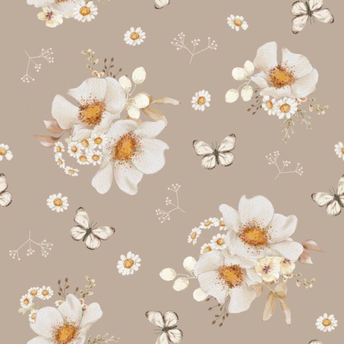 Tissu Imprimé Papillons et Fleurs Taupe, 10 tissus au choix