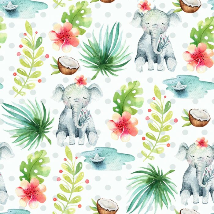 Tissu Imprimé Petit Éléphant Tropical, 7 tissus au choix