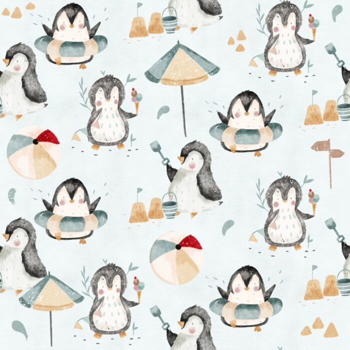 Tissu Imprimé Pingouin Adorable Plage, 7 tissus au choix