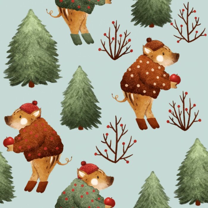 Tissu Imprimé Sanglier Mignon Sapins Menthe, 7 tissus au choix