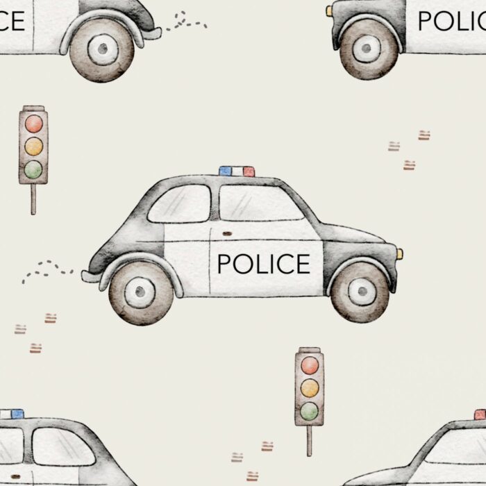 Tissu Imprimé Voiture de Police beige, 7 tissus au choix