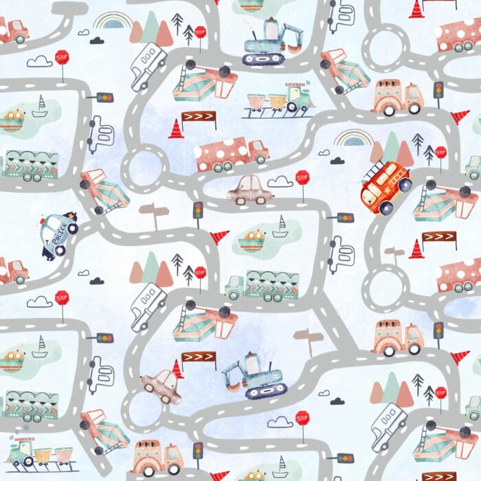Tissu Imprimé Voitures Route, 7 tissus au choix