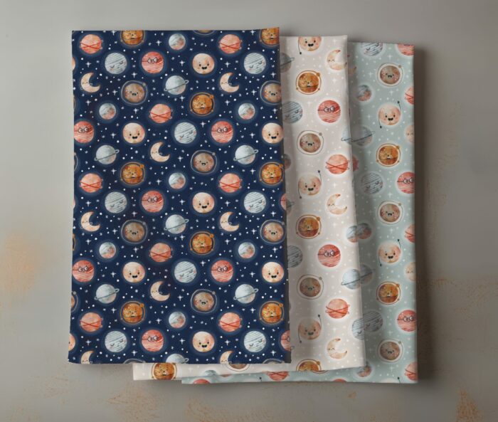 Tissu Imprimé Espace Planètes Heureuses Beige, 7 tissus au choix – Image 4