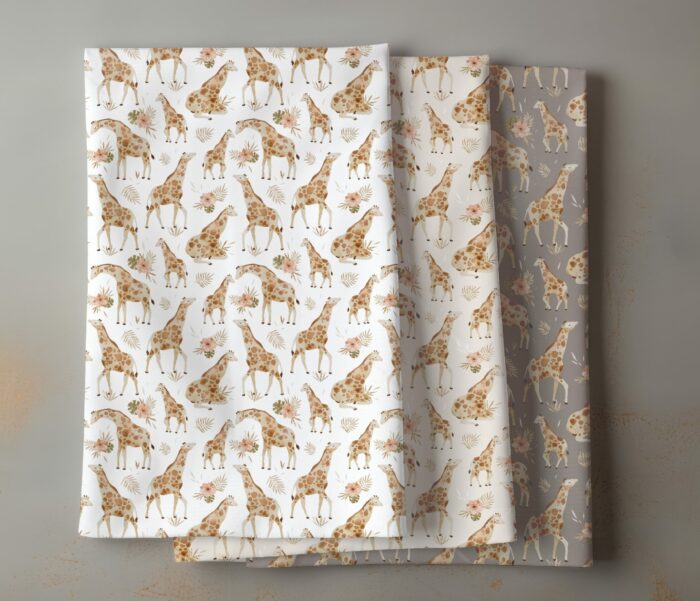 Tissu Imprimé Girafe Fleurs Maman Beige, 7 tissus au choix – Image 4