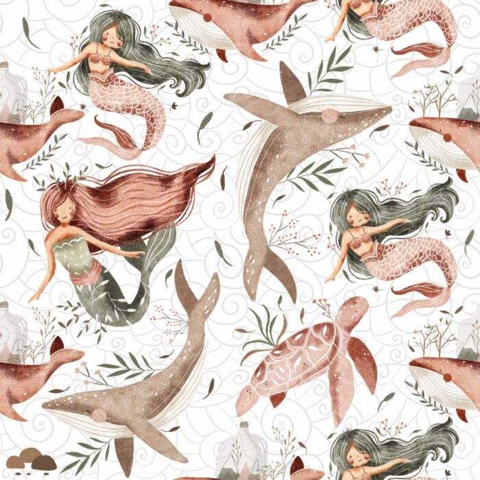 Tissu Imprimé Marin Designer Sirènes Tortues, 7 tissus au choix