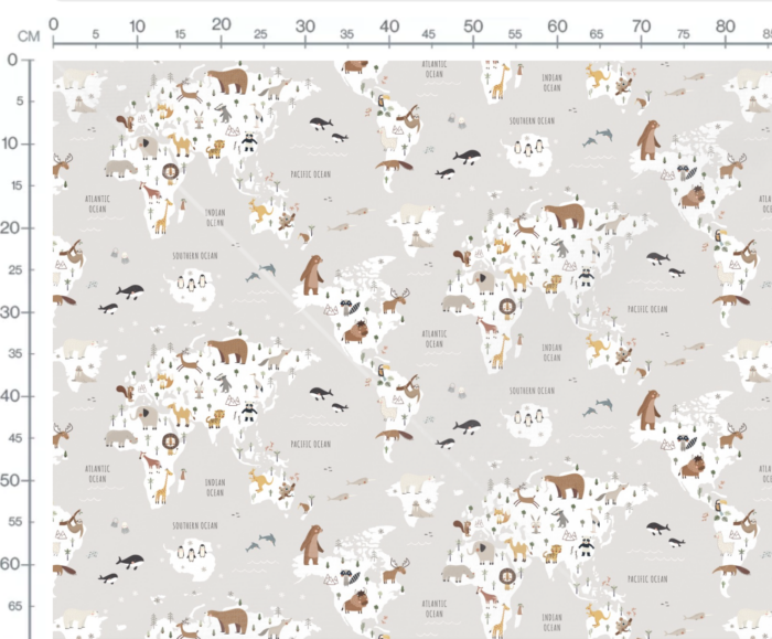 Tissu Imprimé Animaux Carte du Monde Gris, 7 tissus – Image 3