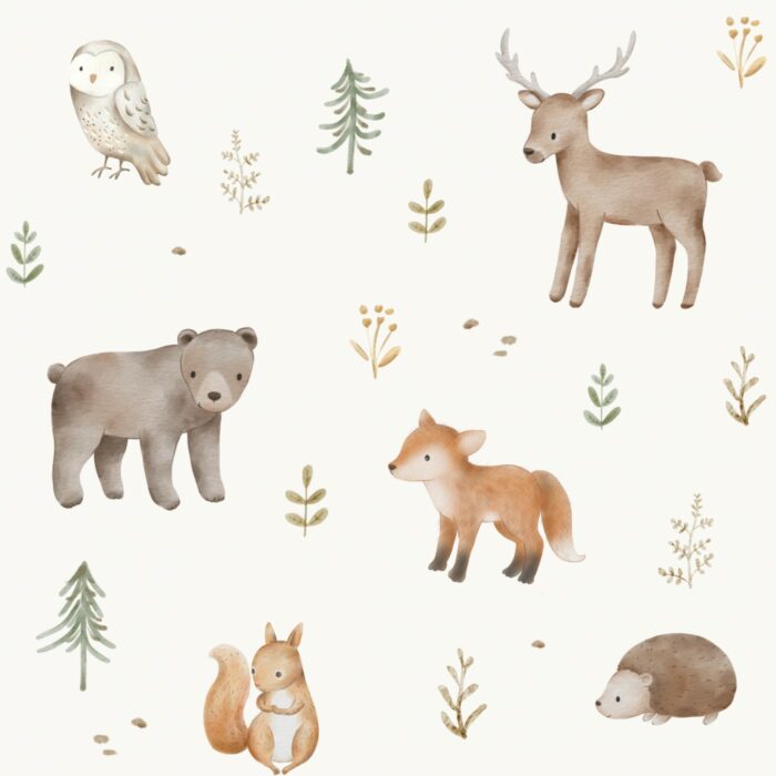 Tissu Imprimé Animaux de la Foret Aquarelle Creme, 10 tissus au choix