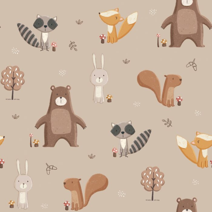 Tissu Imprimé Animaux de la Forêt Beige, 7 tissus au choix