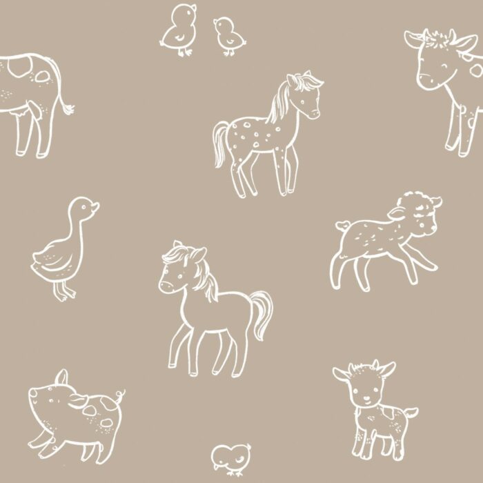 Tissu Imprimé Animaux Ferme Dessin Beige, 7 tissus au choix