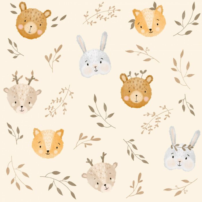 Tissu Imprimé Animaux Foret Adorable Crème, 10 tissus au choix