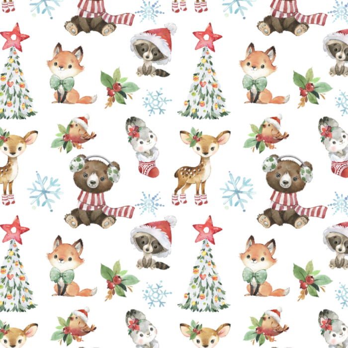 Tissu Imprimé Exclusif Animaux Forêt Noel Blanc Petit, 11 tissus au choix