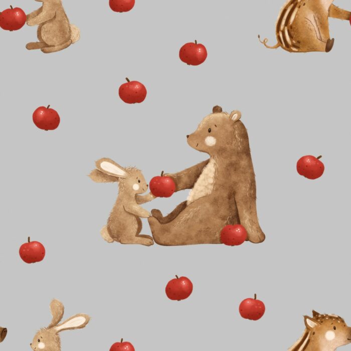 Tissu Imprimé Ourson Pommes Lapin Gris, 7 tissus au choix