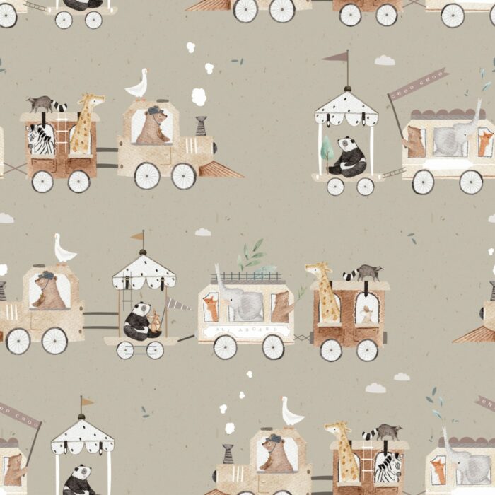 Tissu Imprimé Animaux Safari Train Beige, 7 tissus au choix