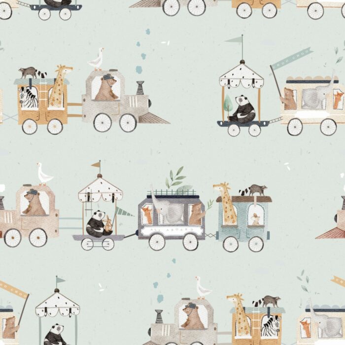 Tissu Imprimé Animaux Safari Train Vert, 7 tissus au choix