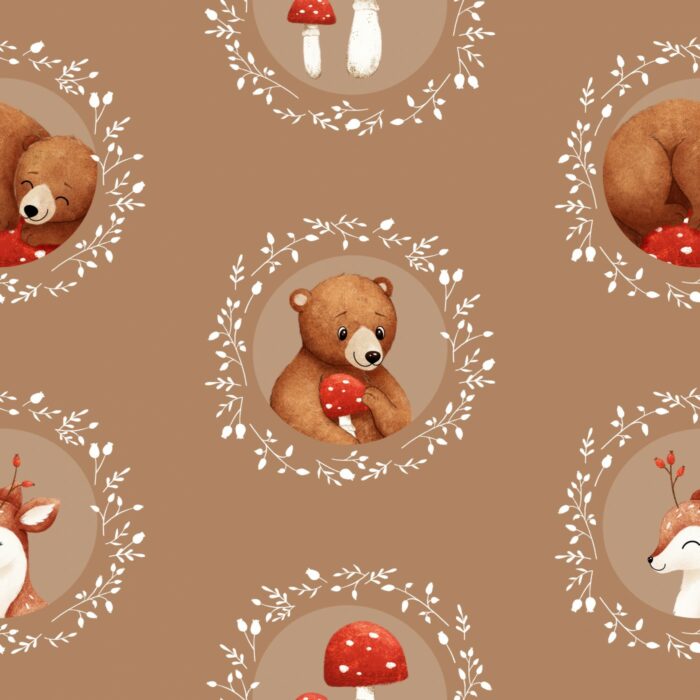 Tissu Imprimé Bébé Ourson Automne Caramel, 7 tissus au choix