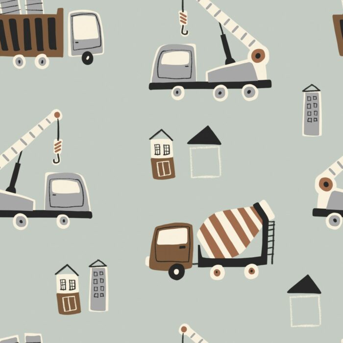Tissu Imprimé Camions Maisons Menthe, 7 tissus au choix