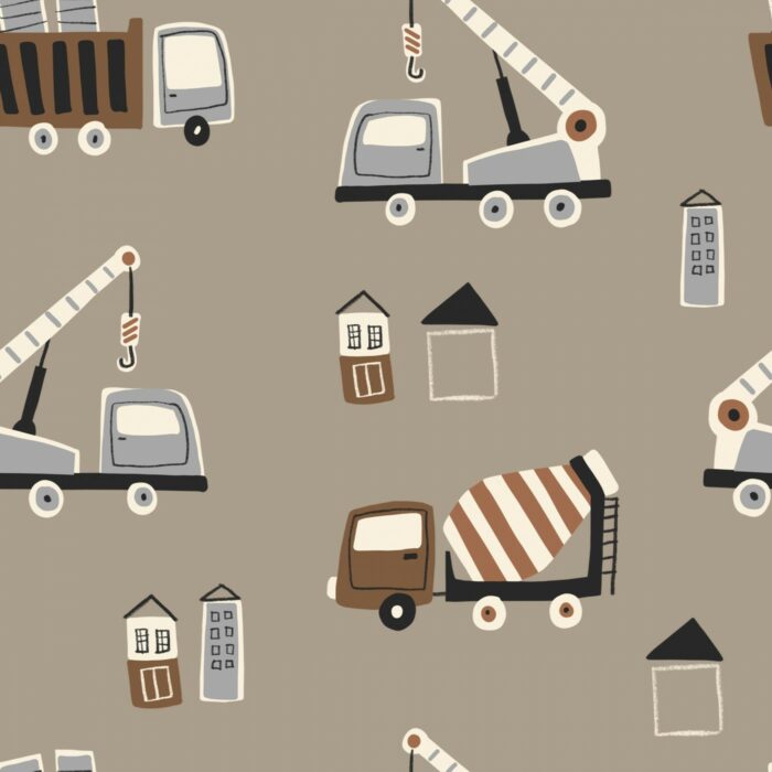Tissu Imprimé Camions Maisons Taupe, 7 tissus au choix