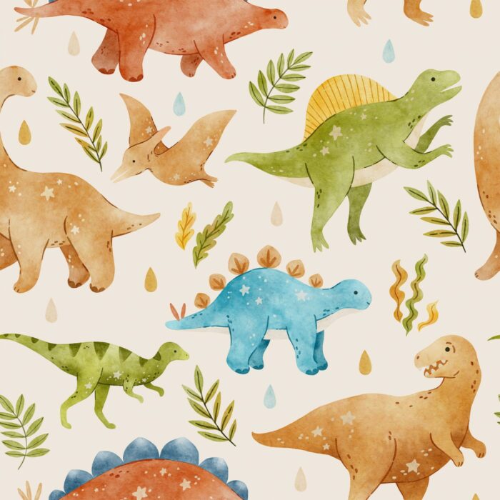 Tissu Imprimé Dinosaures Pluie Crème, 7 tissus au choix