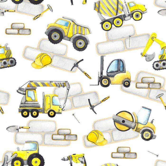 Tissu Imprimé Engins de Chantier Jaunes, 7 tissus au choix