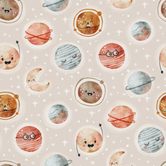 Tissu Imprimé Espace Planètes Heureuses Beige, 7 tissus au choix