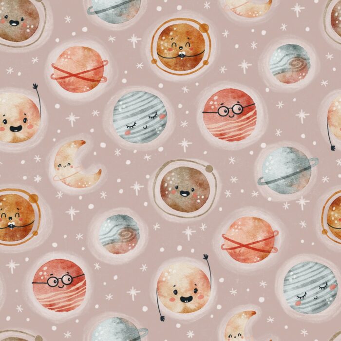 Tissu Imprimé Espace Planètes Heureuses Blush, 7 tissus au choix