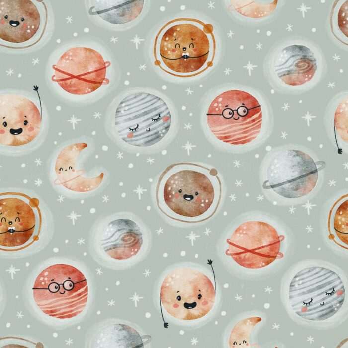 Tissu Imprimé Espace Planètes Heureuses Sauge, 7 tissus au choix