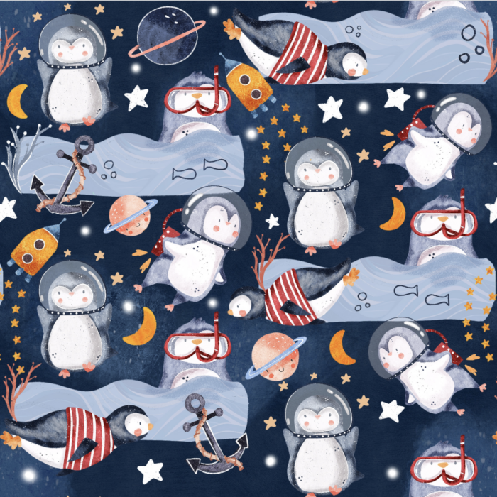 Tissu Imprimé Pingouin Mignon Espace, 10 tissus au choix