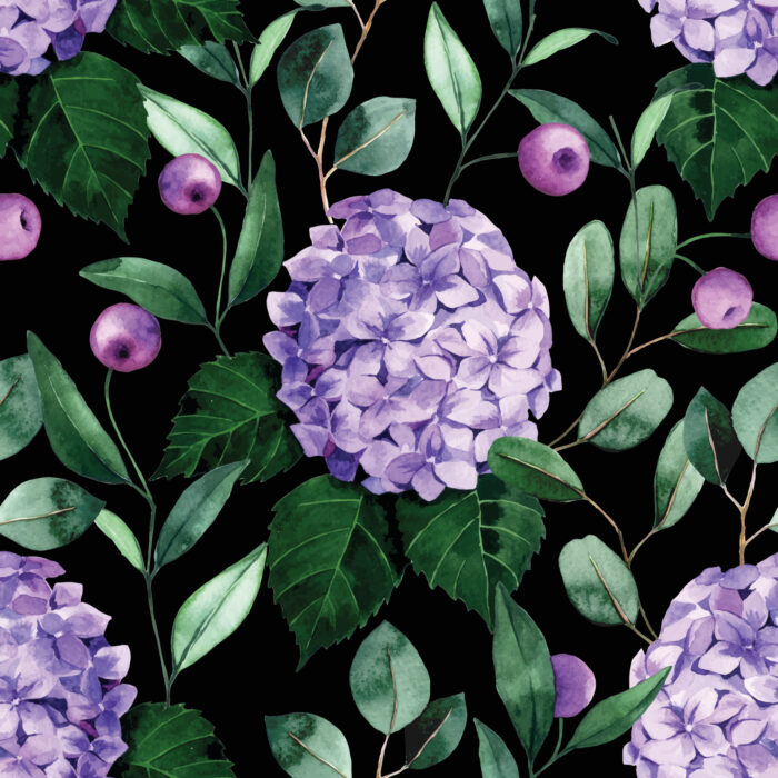 Tissu Imprimé Fleuri Hortensia Noir, 7 tissus au choix