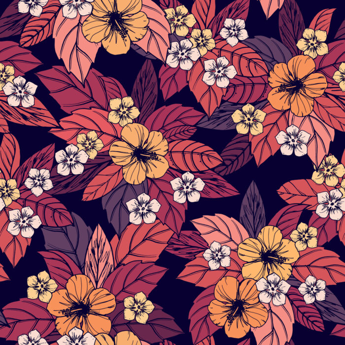 Tissu Imprimé Fleuri Tropical Elodie Bordeaux, 7 tissus au choix