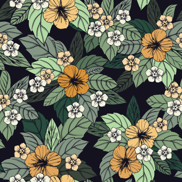 Tissu Imprimé Fleuri Tropical Elodie Noir, 7 tissus au choix