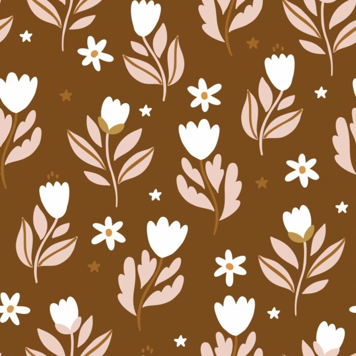 Tissu Imprimé Fleuri Tulipes Etoiles Marron, 7 tissus au choix