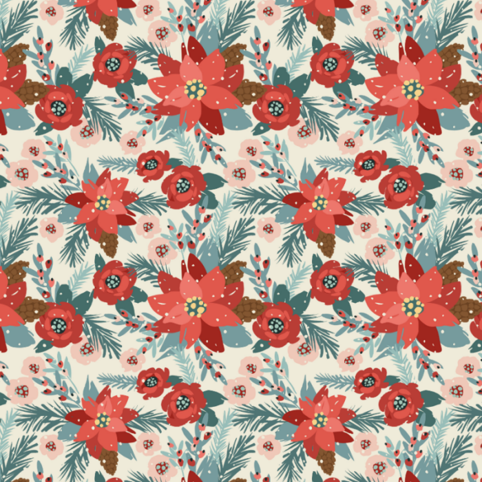 Tissu Imprimé Fleurs de Noel Crème, 7 tissus au choix