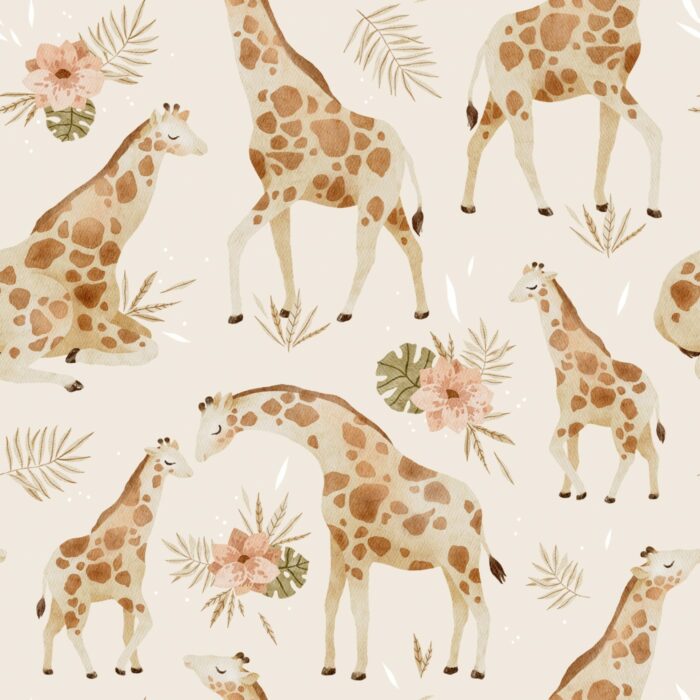 Tissu Imprimé Girafe Fleurs Maman Beige, 7 tissus au choix