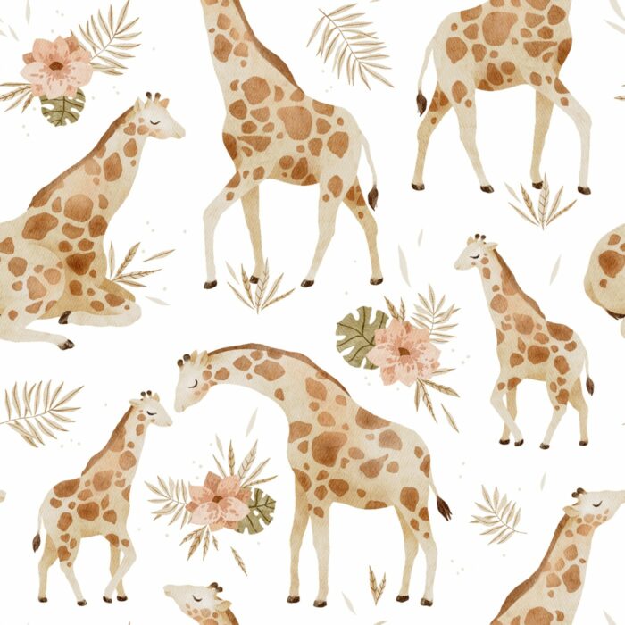 Tissu Imprimé Girafe Fleurs Maman Blanc, 7 tissus au choix