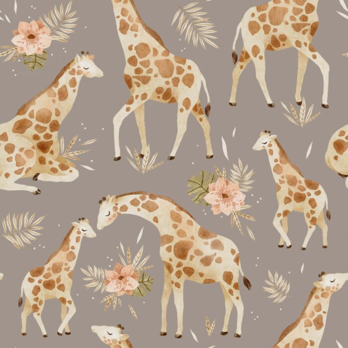 Tissu Imprimé Girafe Fleurs Maman Taupe, 7 tissus au choix