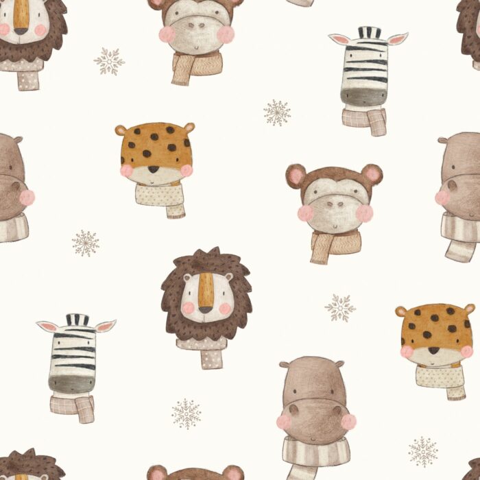 Tissu Imprimé Hiver Animaux Flocons Crème, 7 tissus au choix